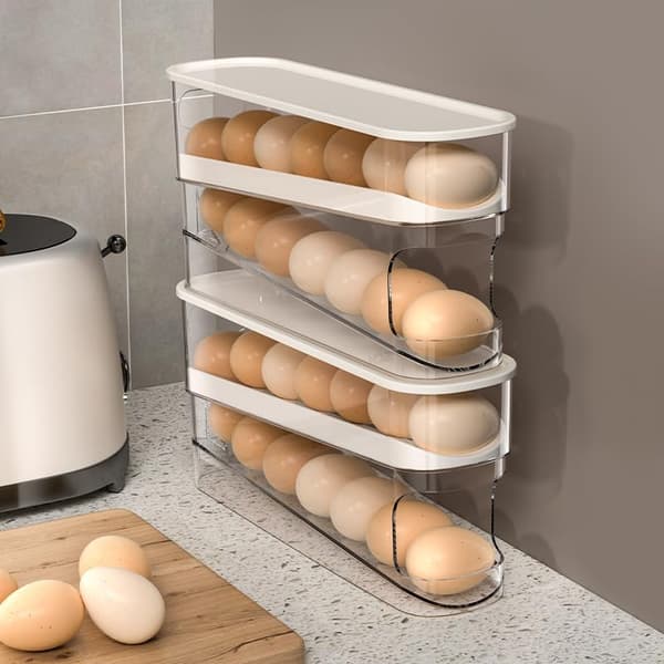 Automatic Egg Rack with Wheels, Kitchen Egg Organizer, Space-Saving Egg Dispenser