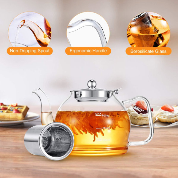 Teekannu, teekannu ja infusori, 1200 ml lasinen teekannu, teekannut irtoteetä varten, boorisilikaattilasinen teekannu, liesitaso