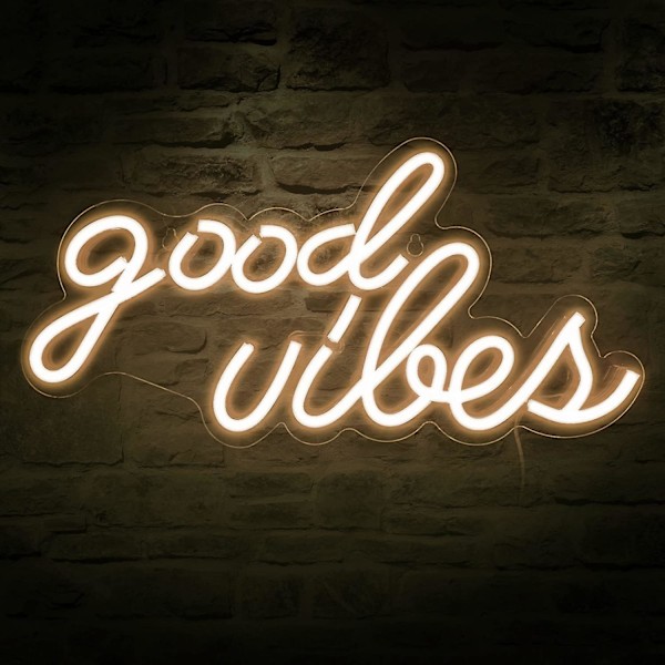Good Vibes -neonkyltti seinäkoristeeksi, USB-virtalähde, neonvalo makuuhuoneen sisustukseen, lämmin valkoinen väri, 40,9 x 21,1 x 1,5 cm
