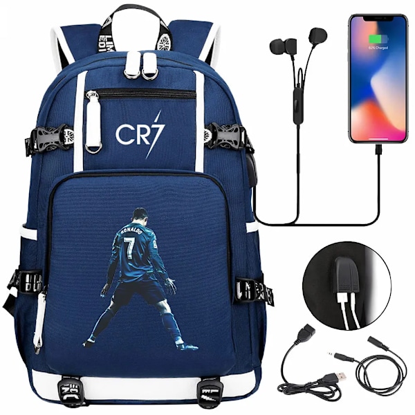 CR7 Fotball Ryggsekk USB-Lading Ronaldo Skolesekk Reise Laptopvesker for Tenåringer Studenter