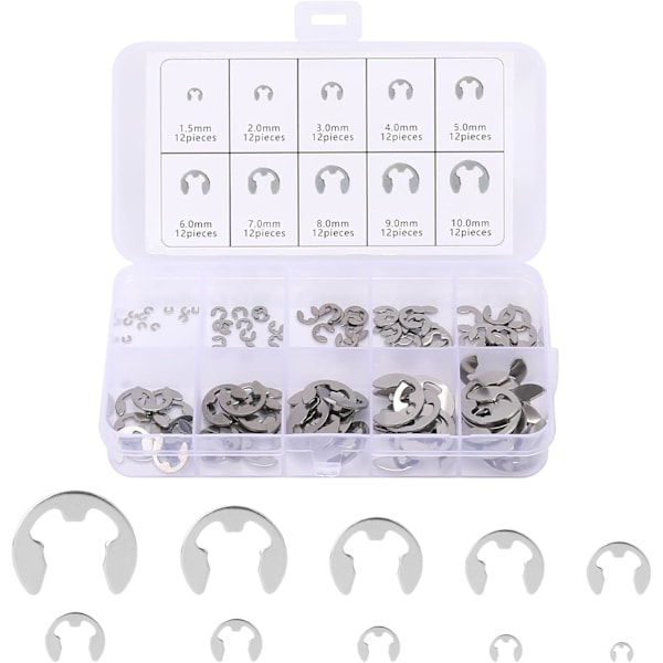 120 stk E-klips Circlip eksterne låseringer rustfritt stål E-klips sortimentsett, M1.5/M2/M3/M4/M5/M6/M7/M8/M9/M10 E-ringer Circlip ringer sett