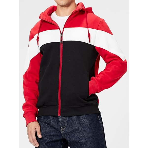 Herre Langærmet Hoodie Jakke Hættetrøje Lynlås Efterår Frakke med Lommer Black Red S