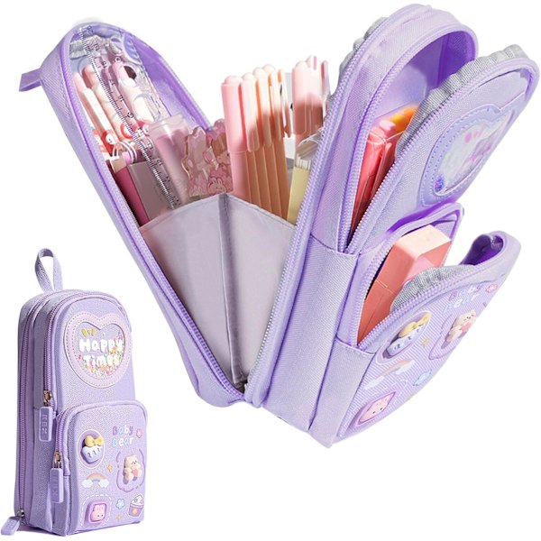 Pencil Cases for Girls, Pencil Case for Girls, Large Capacity Aesthetic Pencil Case, 3 Compartments Pencil Cases, Purple