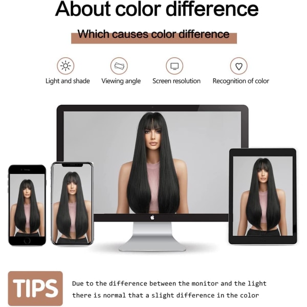 Lang rett svart parykk for kvinner syntetisk hår naturlig parykk for daglig cosplay fest - 24 tommer