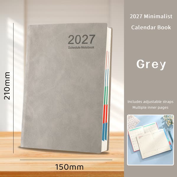 2027 Planlægger (engelsk version) - Kalender, notesbog, arbejds effektivitetsoptager, Bandage Grå Planlægger