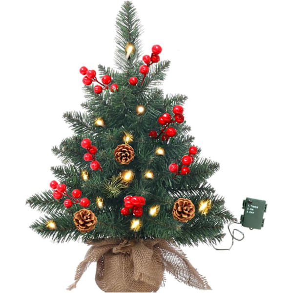 Mini Christmas Tree with LED Lights, Artificial Tabletop Christmas Tree with Pine Cones and Red Berry Ornaments, Small Christmas Tree