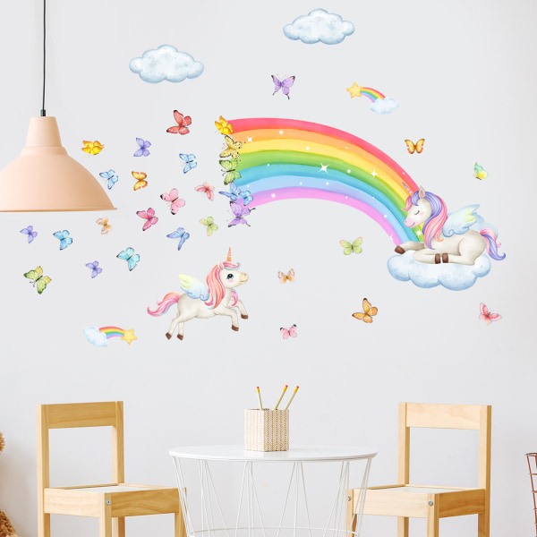 Rainbow Unicorn Väggdekor Väggdekal Fjärilar Moln Stjärnväggdekor Sovrum Barn Baby Barnkammare Vardagsrum