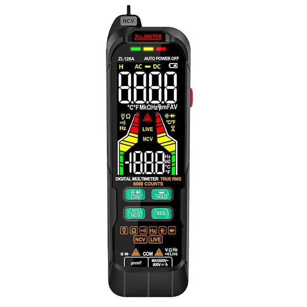 Smart Multimeter Digital AC DC Strømspændingsdetektor Pen Kapacitans Temp Auto Range Tester Multimeter ZL126A Black