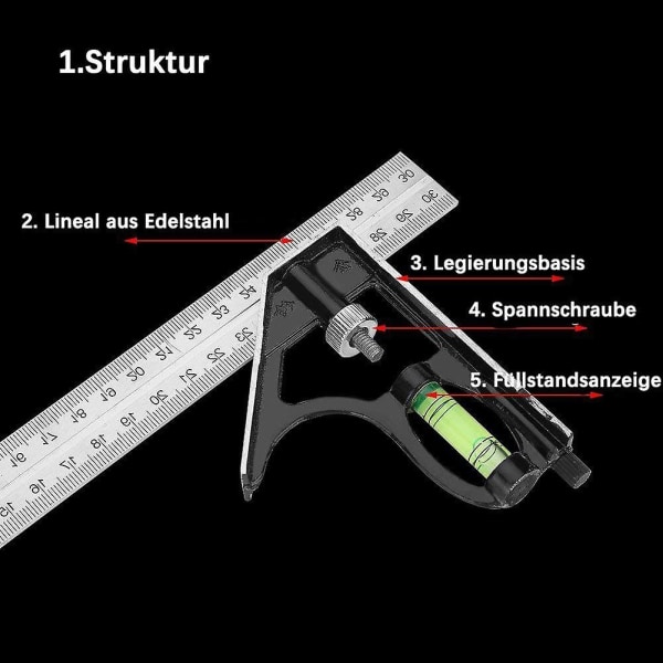 Yhdistelmäkulmamitta 300mm 12 tuumaa Sinkkiseos Ruostumaton teräs Säädettävä suorakulmamitta Ammattimainen insinööri Mittaustyökalu Selkeällä ja tarkalla