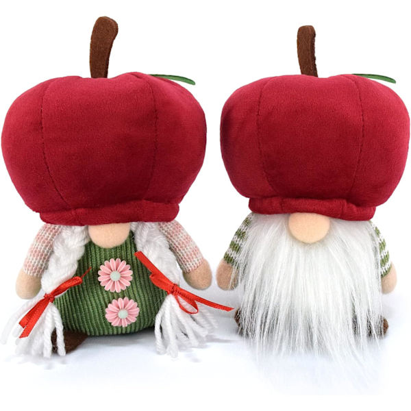 2 st par Tomte-dockor i plysch med äppleform, handgjorda svenska Tomte-dockor, frukt-alver, trappbricka-tomte, röd