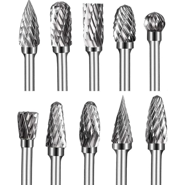 10 kappaleen volframikarbidista valmistettu kaksoisleikattujen terien sarja 1/8 pyörivä teräsarja 6 mm teroituspää puunveistoon, metallin kiillotukseen, kaiverrukseen, porausrulliin