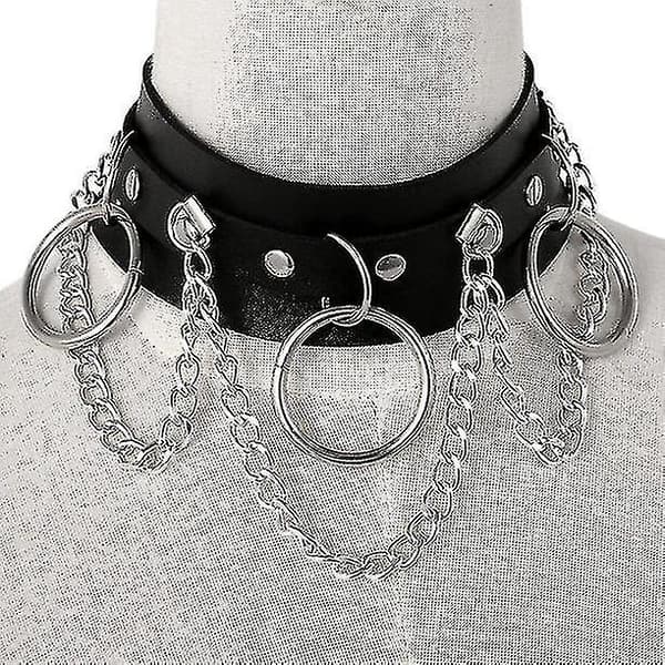 PU Læder Choker Metal Ring Kæde Halskæde Krage Riveter Goth Bælte