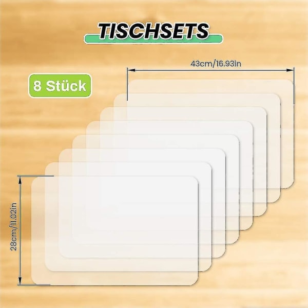 Set med 8 transparenta placemattor, tvättbara vita matbordsplacemattor i plast, halkfria, värmebeständiga