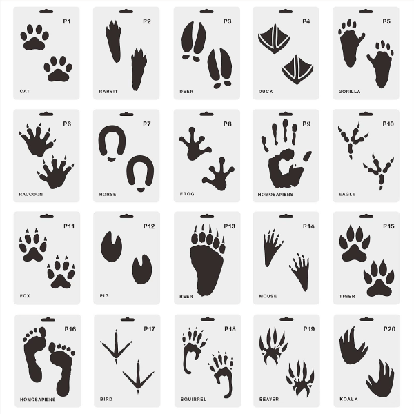 20 stk Animal Footprint Stencil Plast Genanvendelig maleri skabelon til maleri