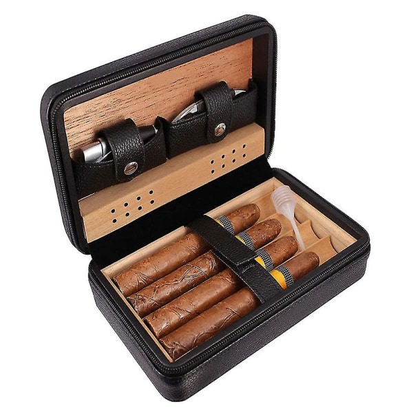 Leather Travel Cigar Humidor Case, bærbar sedertre med luftfukter kompatibel med 4 sigarer
