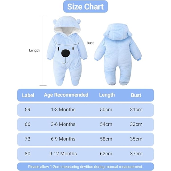 Baby Hooded Rompers Flanell Vinterkläder Footed Rompers Långärmade Jumpsuits för 0-12 månader Blue 0-3months