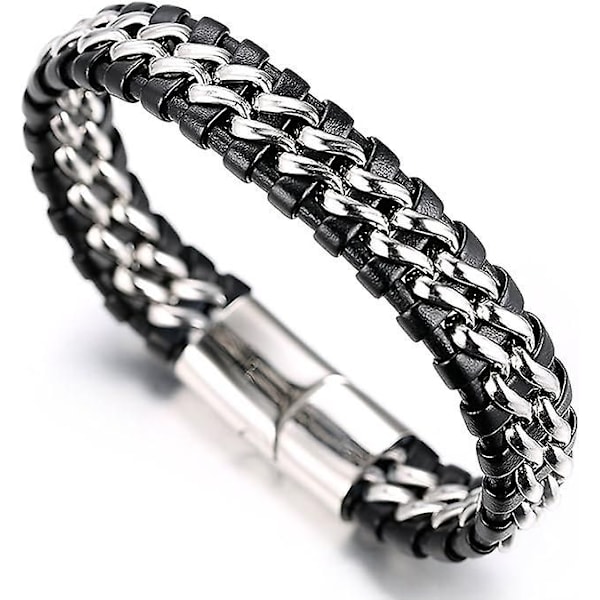 Hantverkarstillverkat armband för pojkar | Äkta svart läder | Magnetisk lås i rostfritt stål i silver | Med titan kedja i guld