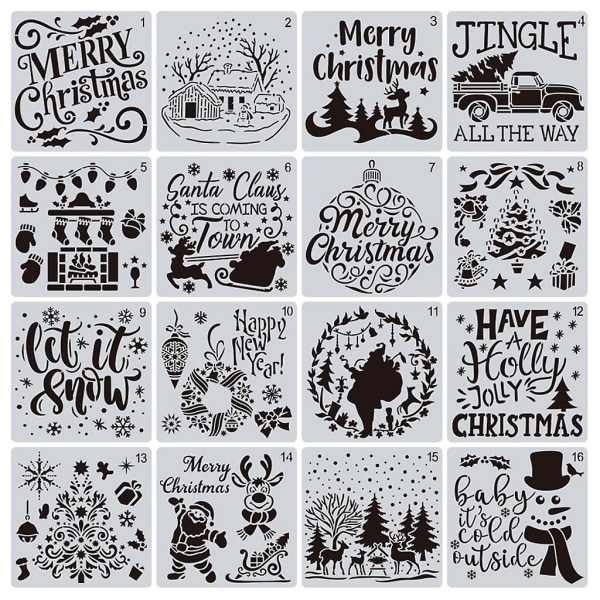 16 Pack Uudelleenkäytettävät Joulustensiilit Maalaus Joulun Piirustusmallisarjat