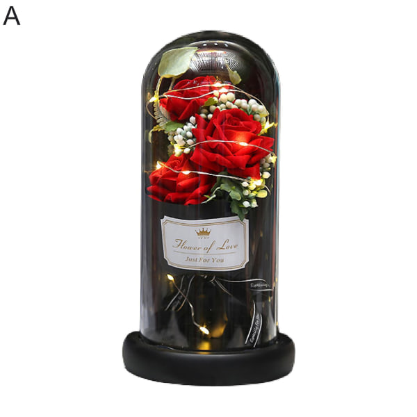 Keinotekoinen ruusukoriste Romanttinen valoisa läpinäkyvä cover Ikuinen väärennösruusukukka LED-valo Kodinsisustus Tianyuhe A