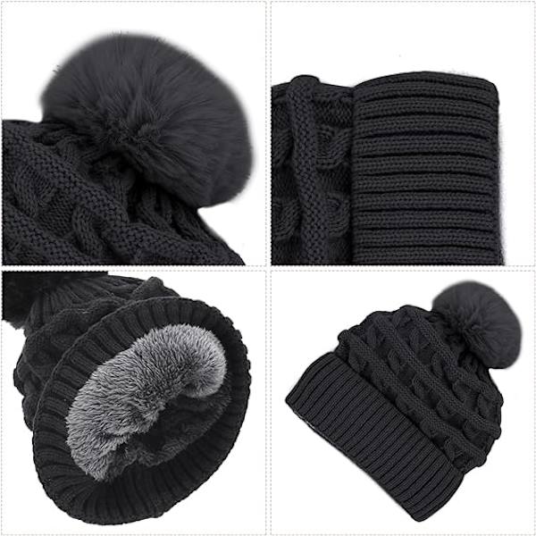 Naisten pompom-hattu, talvinen pipohattu, lämpövuorellinen fleece-hattu, naisten neulotut villahatut tekoturkispompomilla Black