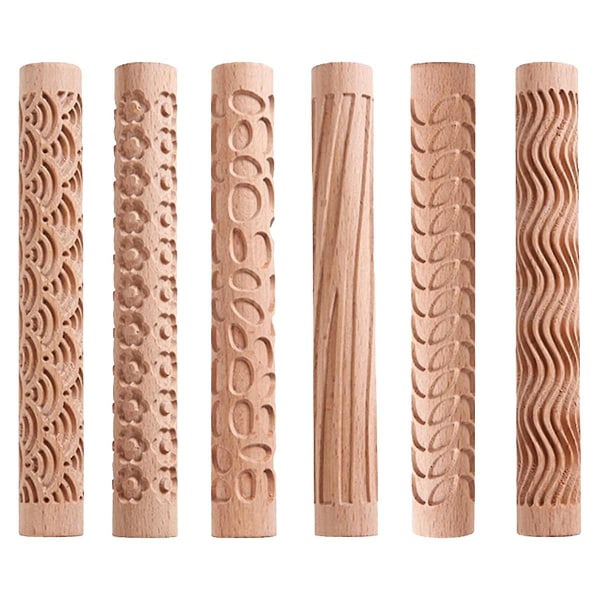 6 stk ler modelleringsmønster ruller, tekstur ruller til ler træ håndtag keramik værktøj Stars Wood Wave Wood Color