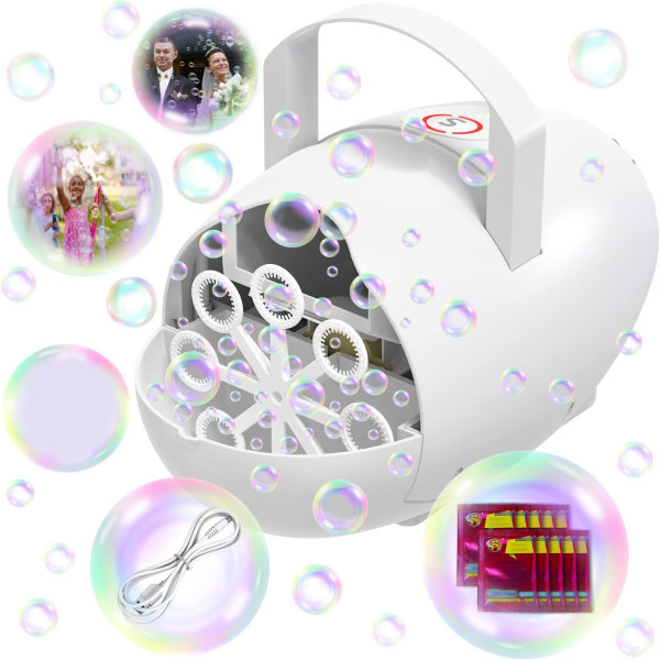 Bubble Machine Över 12000+ bubblor per minut Bärbar automatisk leksaksbatteridriven/plugin för utomhusfest bröllopsfödelsedag (vit)