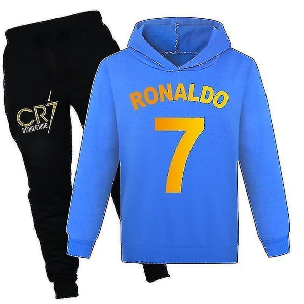 Barn Gutter Ronaldo 7 Print Uformell Hettegenser Joggedress Set Hoody Toppbuksedrakt Blue 150CM 11-12Y