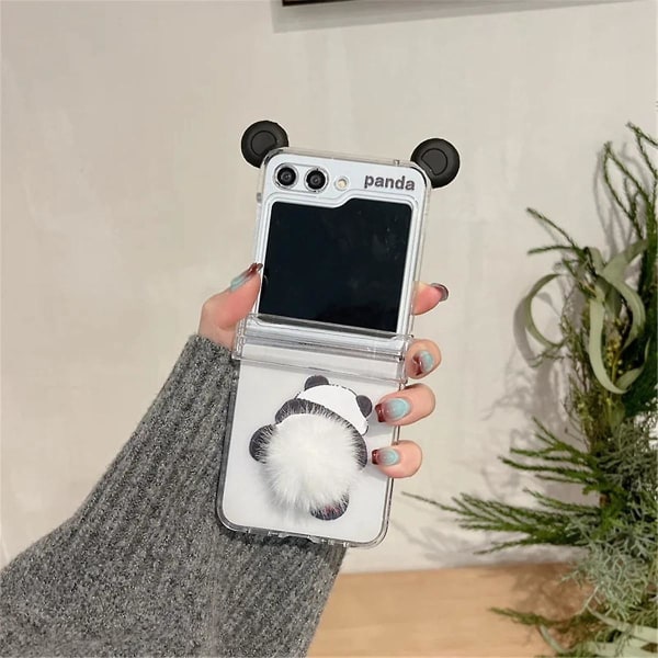 Söt plysch Panda phone case för Galaxy Z Flip 5 Hard PC cover till ZFlip5 case Transparent