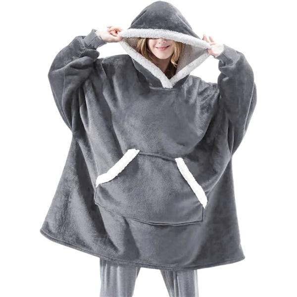 Sherpa Fleece Tjock Huvtröja Fickor Oversized Toppar Fodrad Termisk Filt Höst Vinter Grey One size