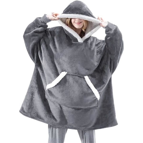 Sherpa Fleece Tykk Hetteskjorte Lomme Oversized Topper Foret Termisk Teppe Høst Vinter Grey One size