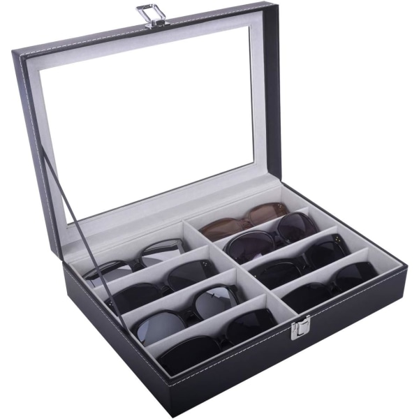 Leather Glasses Box, for Sunglasses Watch Glasses, 8 Compartments, Lockable, with Glass Top, Black, AW-082