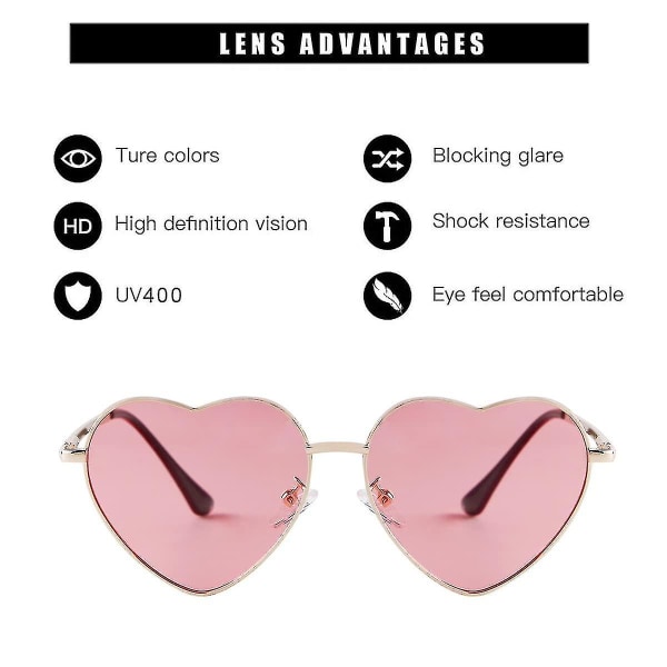 Vintage Polarized Heart-solbriller, Hippie-briller Hjertesolbriller, Superlett metallinnfatning Fjærhengsel for Valentinsdagen (rosa)