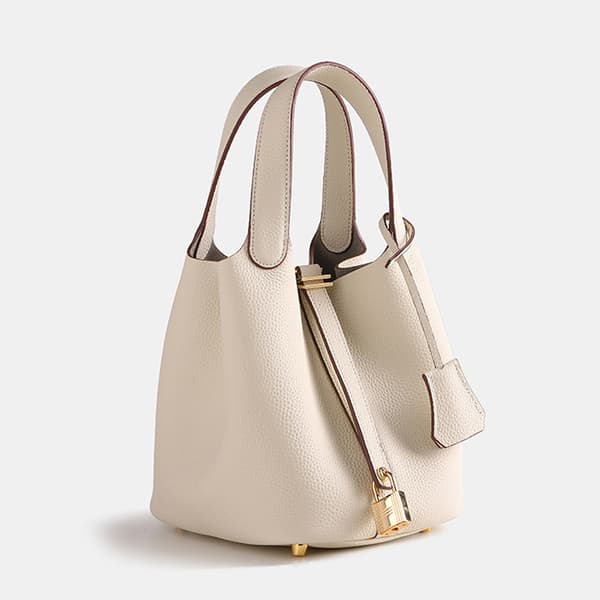 Spacious Leather Bucket Bag in Off-White Cowhide with Lychee Pattern for Daily Use Off-white