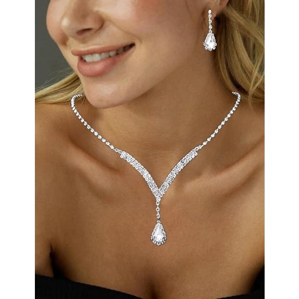 strass halsband set silver bröllop kristall örhängen brud smycken set för kvinnor