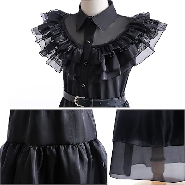 Musta asukokostyyli tytöille, lasten musta asu Halloween-asu Cosplay-juhliin vyöllä, peruukilla ja sukkilla 4-14-vuotiaille 110CM