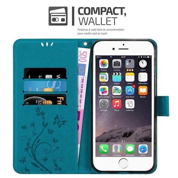 Apple iPhone 6 PLUS / 6S PLUS Mobiltelefon Cover Etui - med blomstermønster og standfunktion og kortlomme FLORAL BLUE iPhone 6 PLUS / 6S PLUS