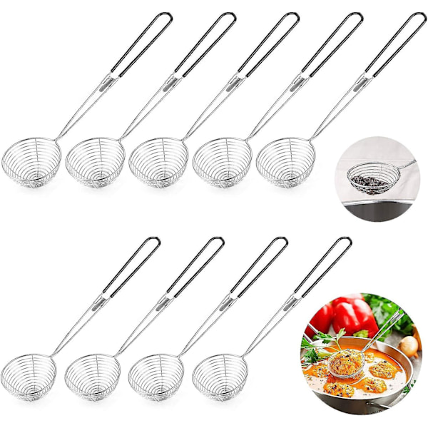 9 stk Fondue Sil for kjøkken i rustfritt stål med håndtak, fint nett, øse, skumskje for grønnsaker, sopp, kjøtt