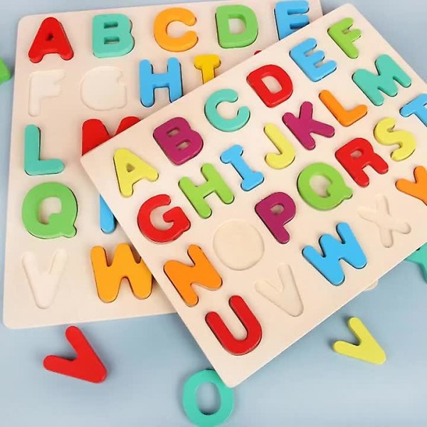 Trä alfabet och nummer pussel lärande brädspel pedagogisk leksak gåva för barn