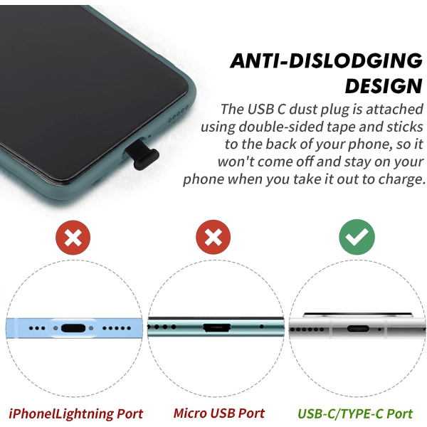 Pak anti-støvstik til USB C Type C-port, Silikone-antistøvstik til Type C-telefon, Anti-støvstik med aftageligt klæbemiddel, sort