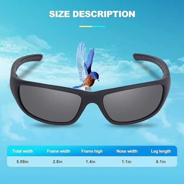Solglasögon Herr Polariserade Sportglasögon UV400 Skydd med körning Cykling Fiske Löpning för Golf Herr och Dam VI367 (Mattsvart)