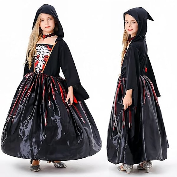 Eventyrlig Heks-kjole Halloween Rollespil Kostume med Hætte til Piger Black 10-12years