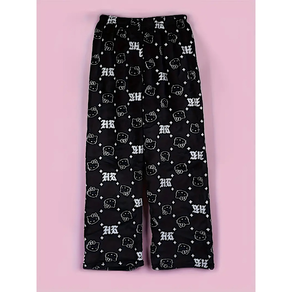 Cartoon KT katt pyjamas tjocka damer höst och vinter plus sammet varm fritids hem graffiti flanell byxor black M