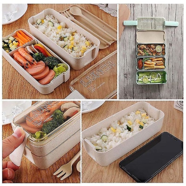 Japansk lunchlåda Bento-låda, 3-i-1-fack, vetehalm, -vänlig Bento-låda måltidsförberedelse Beige