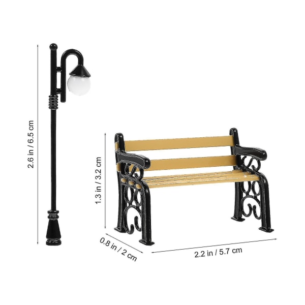 Miniatyrdekoration för matbord, miniatyrmodell av bänk, miniatyrlykta, miniatyrgångväg, miniatyrmodell av gatubelysning