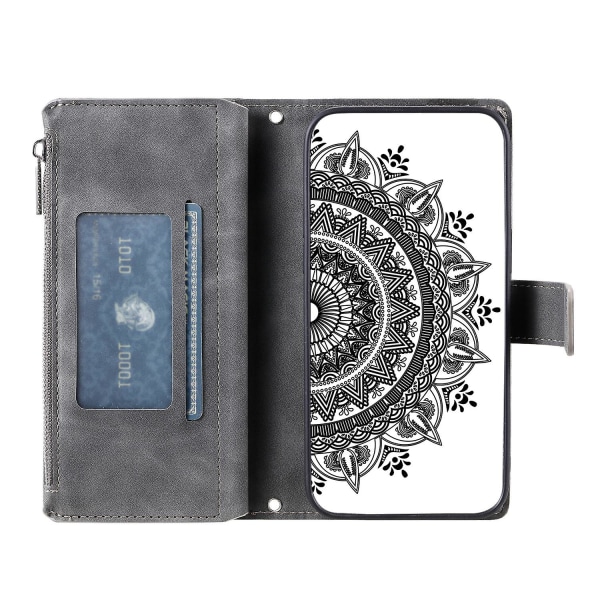 Nokia X30 5g Mandala Flower -kuvioinen Pu- case Magneettinen cover Multi Card Slot Suojakuori Vetoketjullisella Lompakolla ja Rannekehihnalla Grey