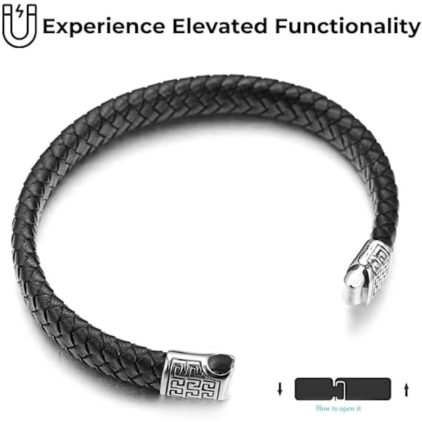 Herrearmbånd i læder, sort/brun flettet titanium magnetlås 8,46\" (21,5 cm) - med gaveæske