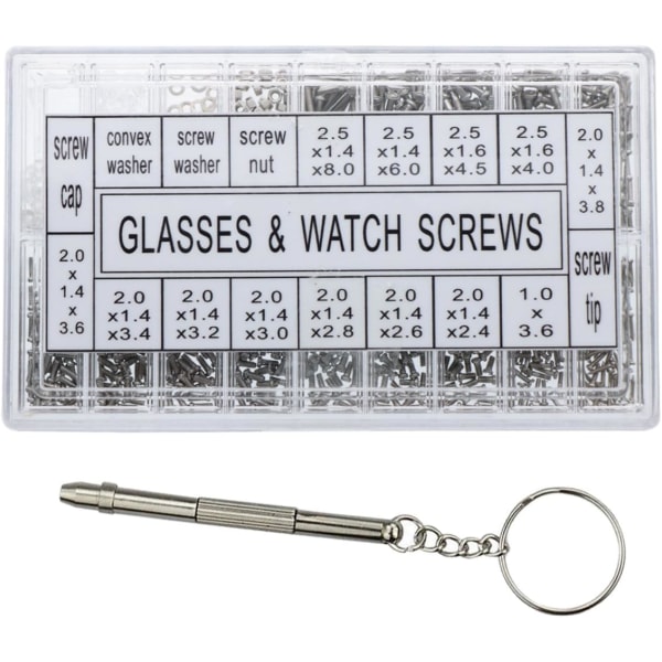 Reparasjonssett for klokker, solbriller, briller, verktøykasse med 1000 rustfrie stålskruer med skrutrekker