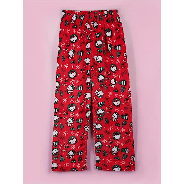 Tegnefilm KT kat pyjamas tykke damer efterår og vinter plus fløjl varm fritid hjem graffiti flanel bukser red XL