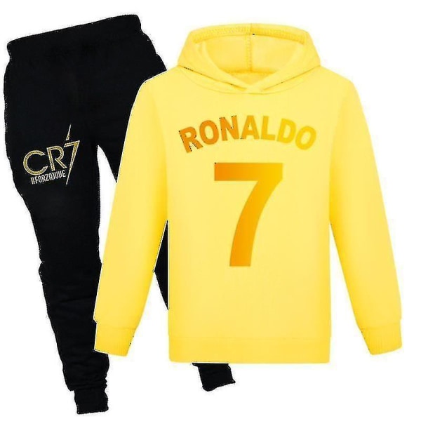 Barn Gutter Ronaldo 7 Print Uformell Hettegenser Joggedress Set Hoody Toppbuksedrakt Yellow 150CM 11-12Y
