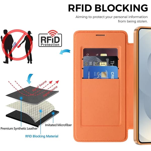 Case for Samsung Galaxy S26 Plus, Magnetic Case with RFID Blocking Card Holder (Orange)
